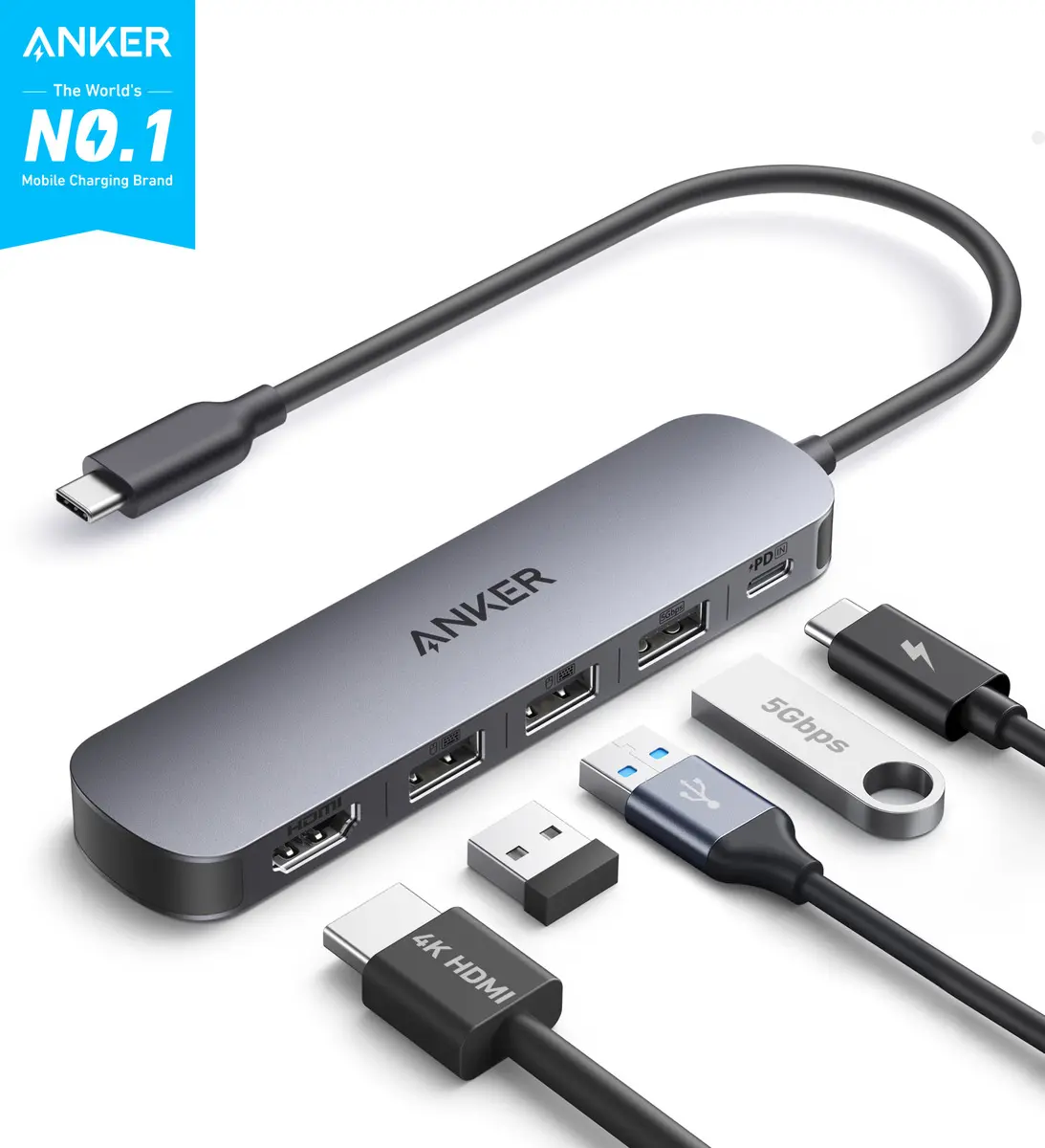 Hub USB C 5 portas em 1 Anker Dock Station Adaptador HDMI 4K, USB 3.0 5Gbps, Power Delivery 90W, Compatível com Thunderbolt para MacBook Pro/Air, Notebooks Windows